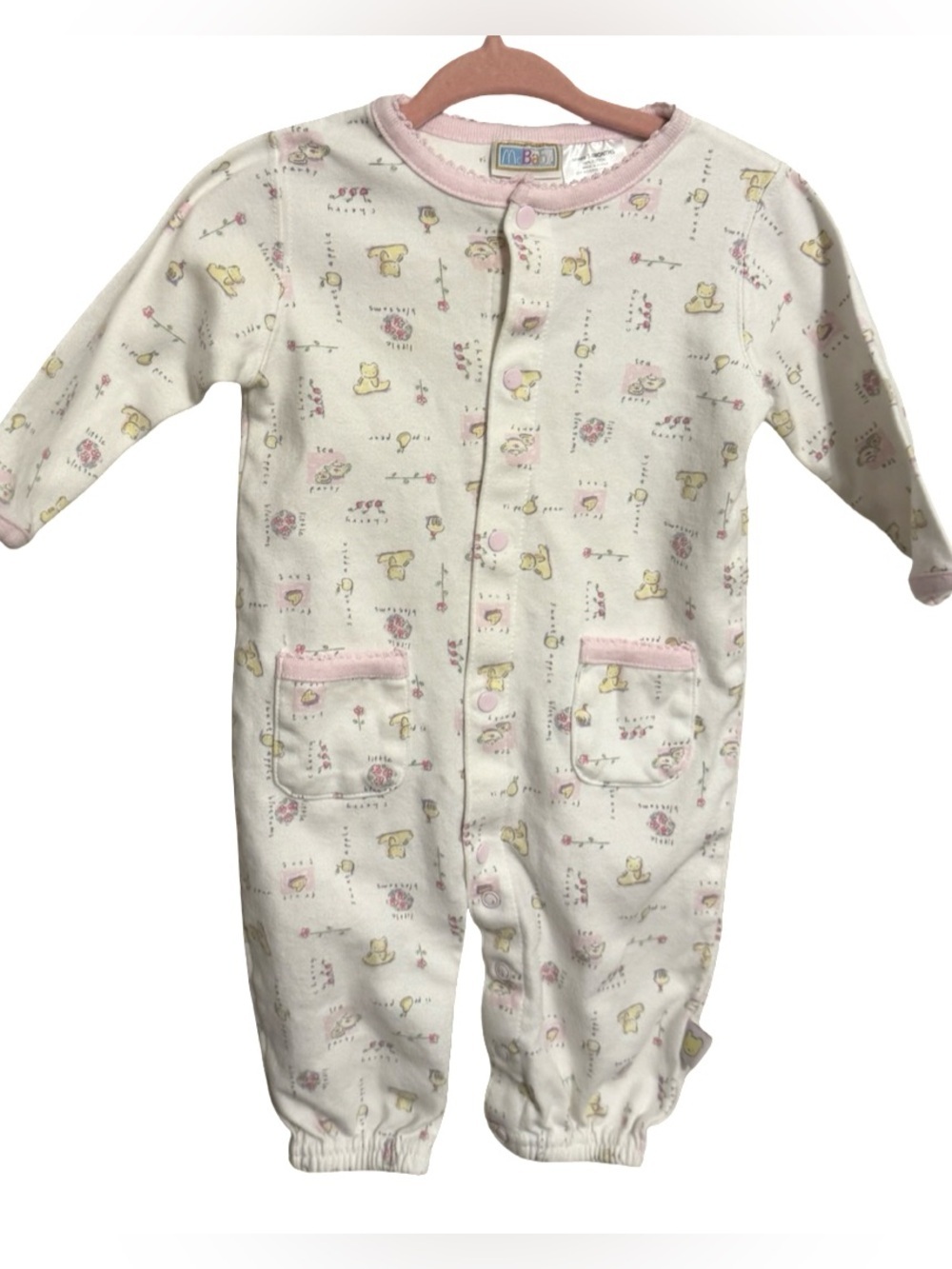 Vintage McBaby White & Pink Snap Front Romper Sleeper 3–6 Mo Girls Bear Floral